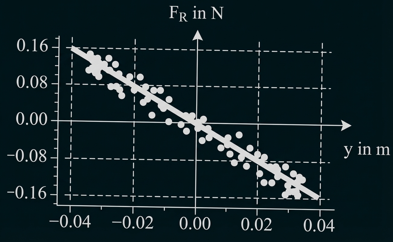Streudiagramm mit Punkten und fallender Regressionslinie; y in m, F_R in N